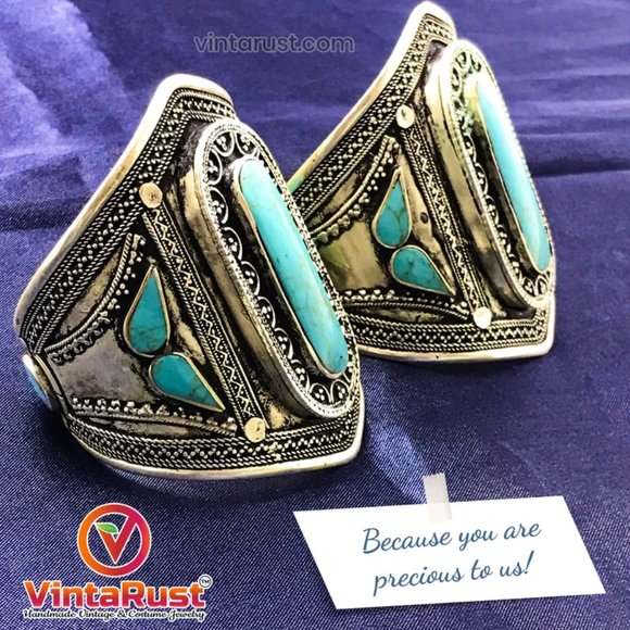 Single Afghan Cuff Turquoise Bracelet, Vintage Tribal Cuff, - Picture 5 of 7
